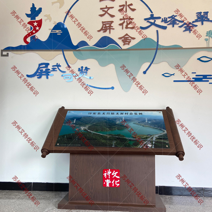 中式畫卷卷軸式金屬木紋大廳導示牌